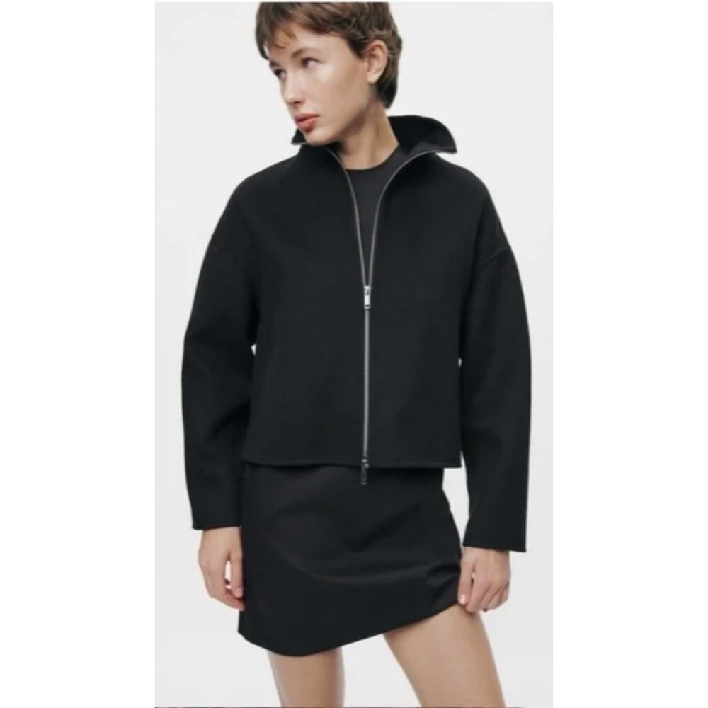 ZARA Wool Blend Felt Zip Up High Neck Double Zip Jacket Black Women's Size XS